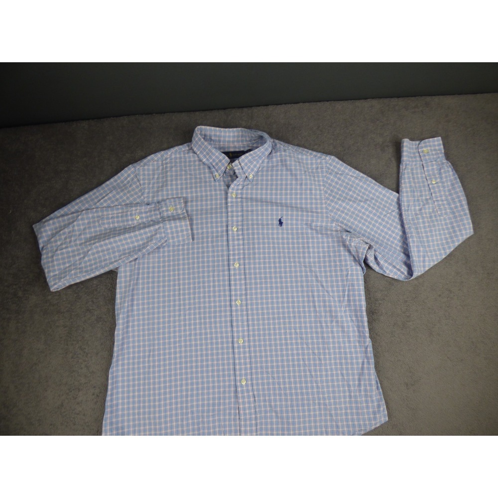 Ralph Lauren Mens XL Button Down Shirt Blue Pink Plaid Long Sleeve Pony Logo